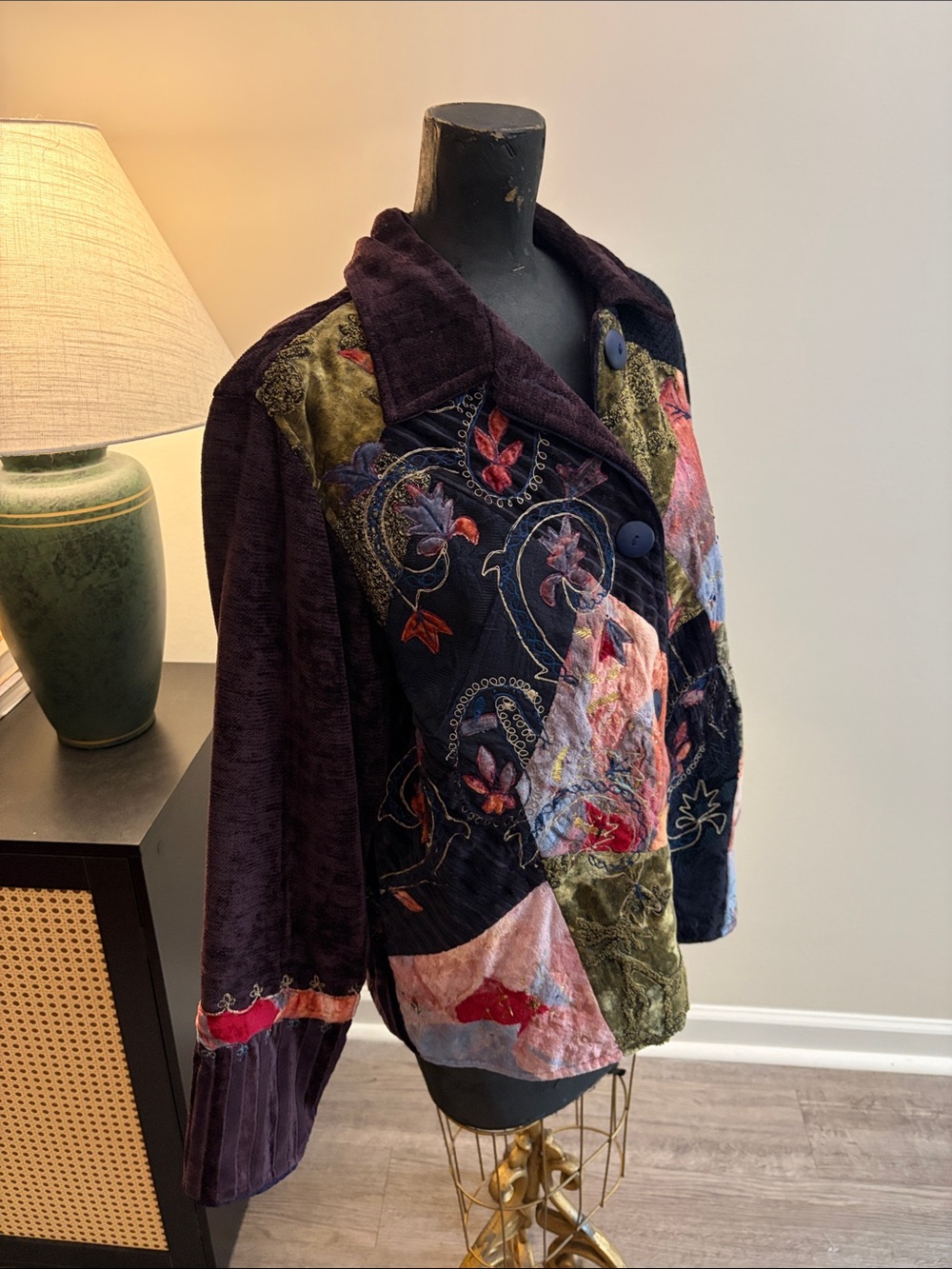Flashback Boho Hippie Patchwork Velvet Button-Front Jacket Size Large 55% Cotton - Picture 7 of 14